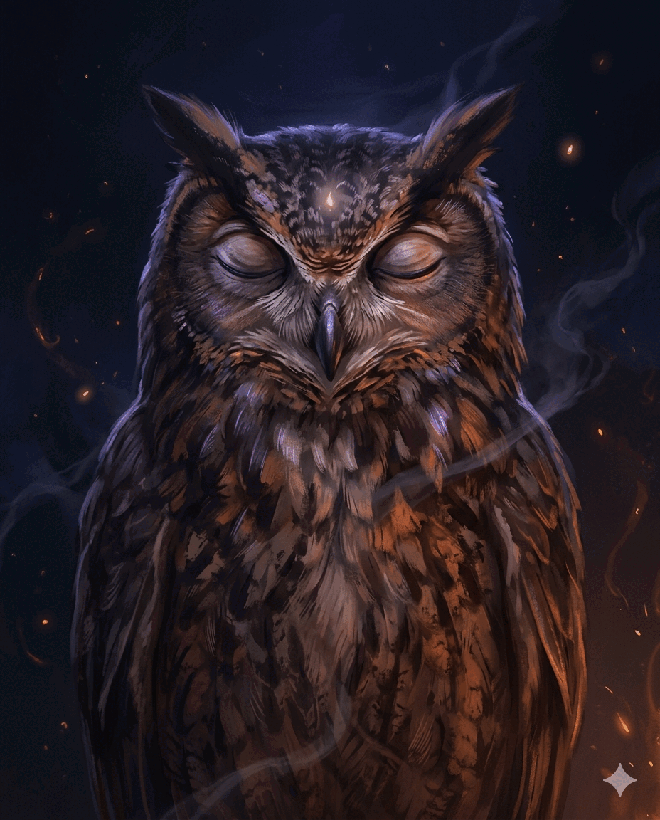 Hootie, le hibou oracle, yeux clos